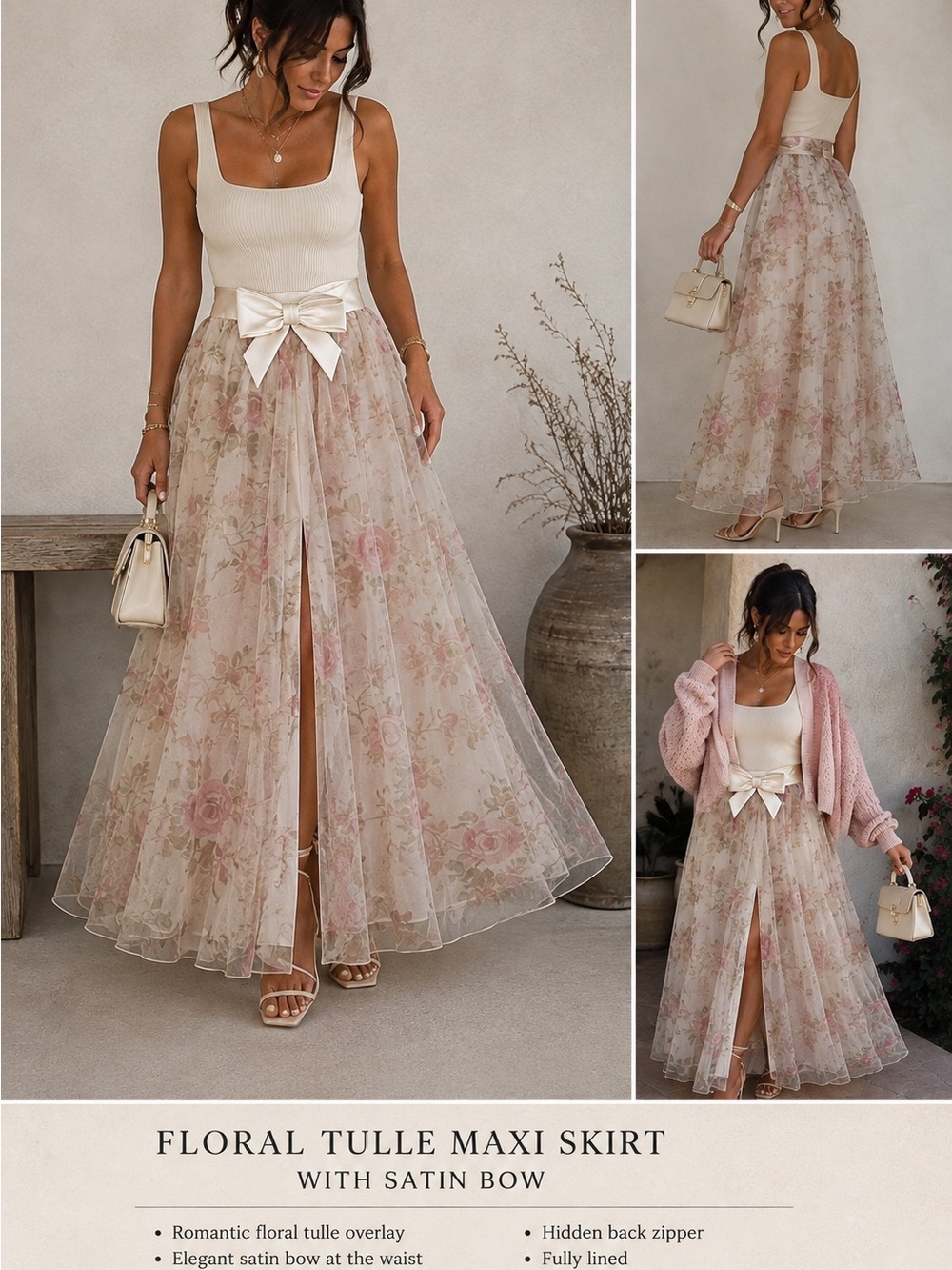 Romantic Floral Tulle Maxi Skirt with Satin Bow